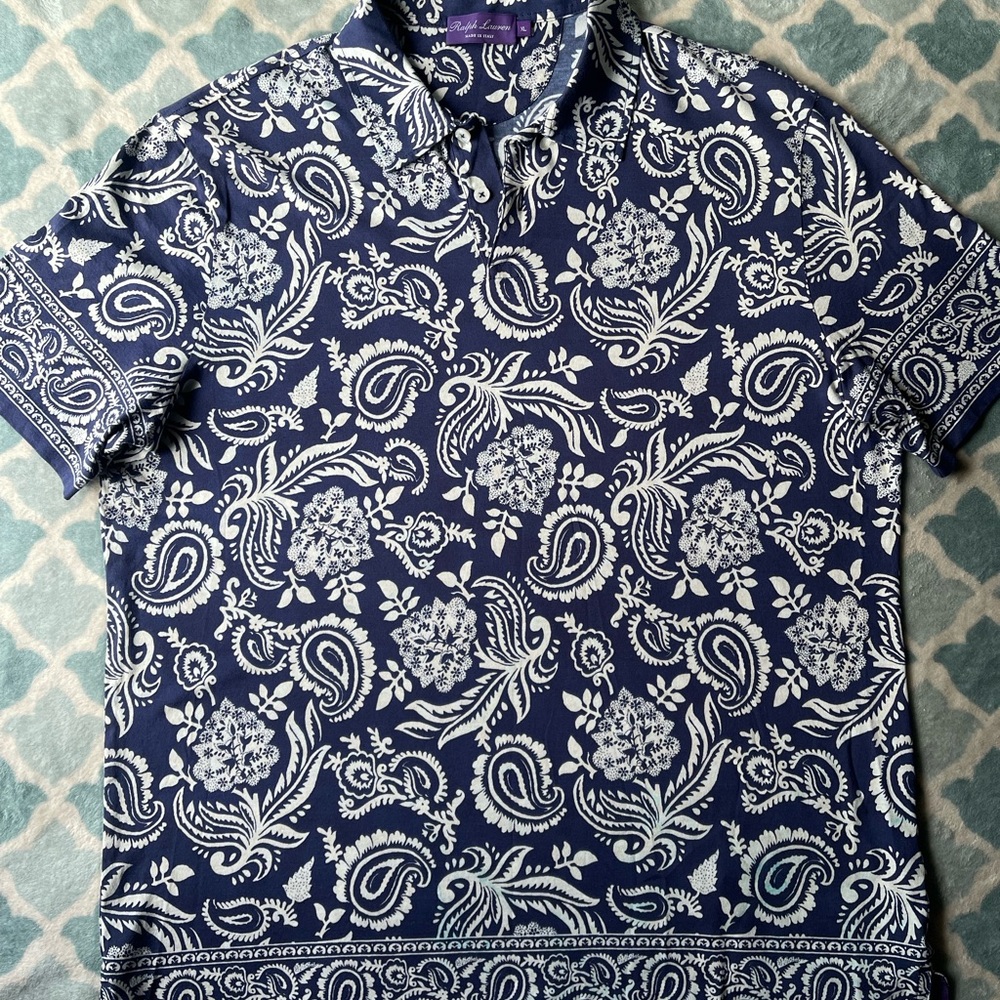 Ralph Lauren Purple Label Blue and White Paisley Polo